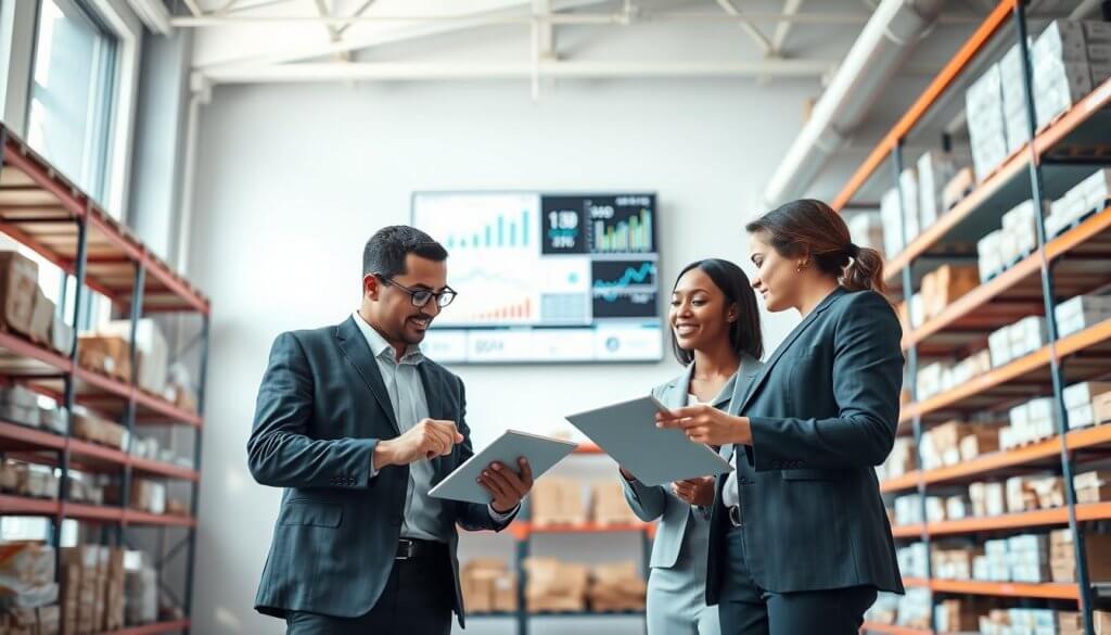 A modern office space showcasing inventory management in action. In the foreground, a diverse team of two professionals, one man and one woman, both in smart business attire, are engaged in a discussion while analyzing digital inventory data on a sleek tablet. The middle layer features a large wall screen displaying graphs and inventory metrics, indicating real-time data processing. In the background, shelves neatly organized with various products illustrate an efficient storage system. Soft, natural lighting filters in through large windows, casting an airy, productive ambiance. The perspective is slightly angled from above, providing a comprehensive view of the workspace, suggesting a harmonious blend of technology and teamwork in streamlining operations effectively. A modern office space showcasing inventory management in action. In the foreground, a diverse team of two professionals, one man and one woman, both in smart business attire, are engaged in a discussion while analyzing digital inventory data on a sleek tablet. The middle layer features a large wall screen displaying graphs and inventory metrics, indicating real-time data processing. In the background, shelves neatly organized with various products illustrate an efficient storage system. Soft, natural lighting filters in through large windows, casting an airy, productive ambiance. The perspective is slightly angled from above, providing a comprehensive view of the workspace, suggesting a harmonious blend of technology and teamwork in streamlining operations effectively.