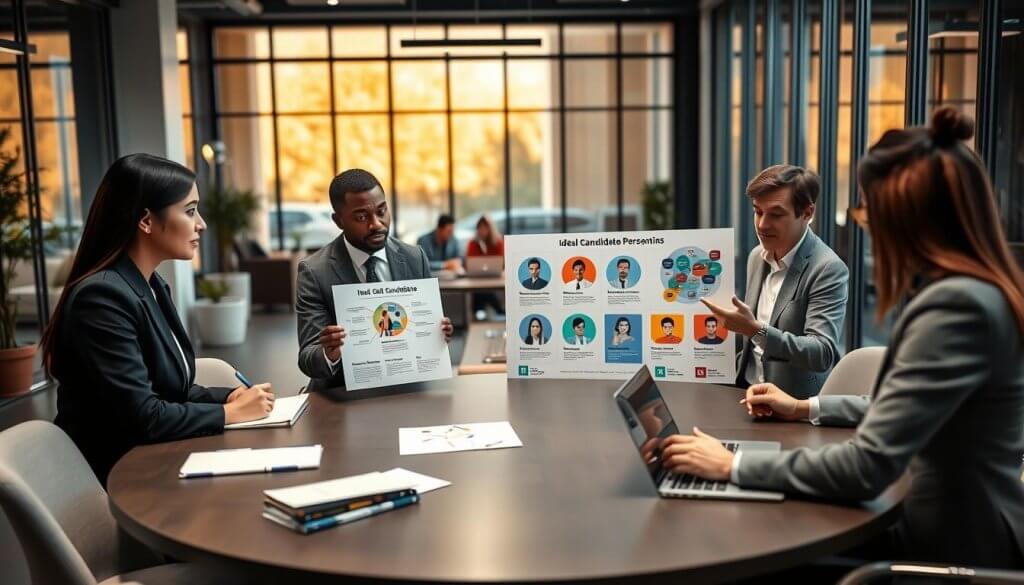 A modern office space with diverse professionals collaborating over a large round table, each person dressed in smart business attire. In the foreground, a woman of Asian descent is presenting a vibrant infographic depicting ideal candidate personas, while a Black man and a Caucasian woman actively engage in discussion, taking notes. The middle ground features a cozy lounge area with comfortable seating where two colleagues are brainstorming with laptops. The background showcases a large glass window letting in warm natural light, creating an inviting atmosphere. The mood is focused and collaborative, emphasizing teamwork and strategic thinking. The composition should be well-lit, with a slight depth of field to draw attention to the engaging discussions and dynamic visuals on the table.