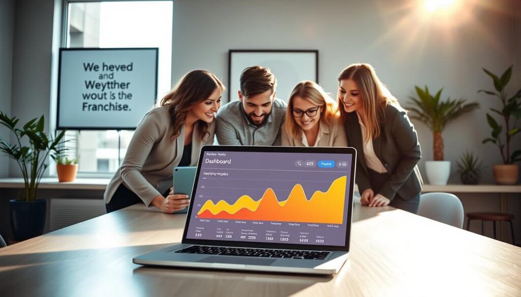 A modern, professional office space with a sleek desk featuring a laptop open to a website analytics dashboard, showcasing vibrant graphs indicating rising traffic numbers. In the foreground, a diverse group of three professionals in business attire, hunched over the laptop, discussing strategies. The middle layer reveals a bright window with sunlight streaming in, creating an inviting atmosphere. In the background, a framed motivational quote on the wall about growth, plants in stylish pots, and subtle branding elements that hint at a franchise theme. The lighting is warm and natural, with a slight lens flare effect, conveying a mood of collaboration and success.