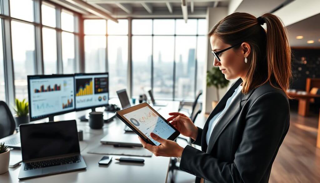 A modern, sleek office environment focusing on CRM tools for franchise development. In the foreground, a professional businesswoman in smart attire interacts with a digital tablet displaying data analytics and franchise information. In the middle ground, a large, stylish desk cluttered with modern tech gadgets, laptops, and CRM software on the screen showcases colorful graphs and data visualization. The background features a bright, airy office with large windows allowing natural light to flood in, highlighting a city skyline. Soft, warm lighting creates an inviting atmosphere, while the camera angle captures both the woman and the desk space at a slight tilt to add depth. The overall mood is innovative and professional, emphasizing technology's role in franchise marketing and growth.