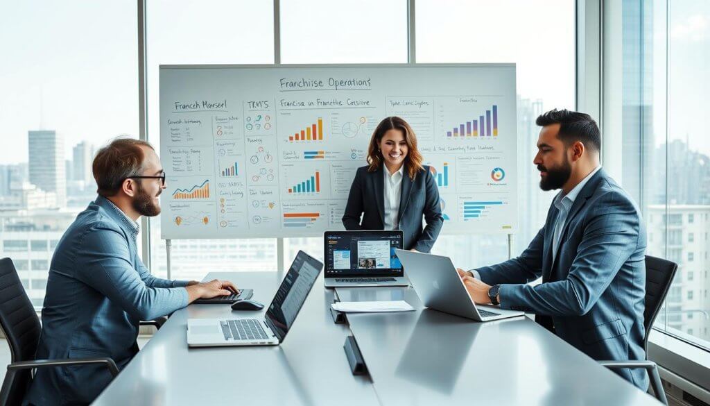 A modern, well-lit office space showcasing effective franchise management. In the foreground, a diverse group of three professionals in business attire—two men and one woman—are engaged in a discussion around a sleek conference table. They are surrounded by laptops, charts, and franchise management software interfaces displayed on screens. In the middle ground, a large whiteboard filled with strategic notes and color-coded graphs highlights growth metrics and franchise operations. The background features a large window with a city skyline view, allowing natural light to flood the space, creating an optimistic and productive atmosphere. The image conveys a sense of collaboration, innovation, and the importance of both Franchise CRM and management systems for scalable growth.