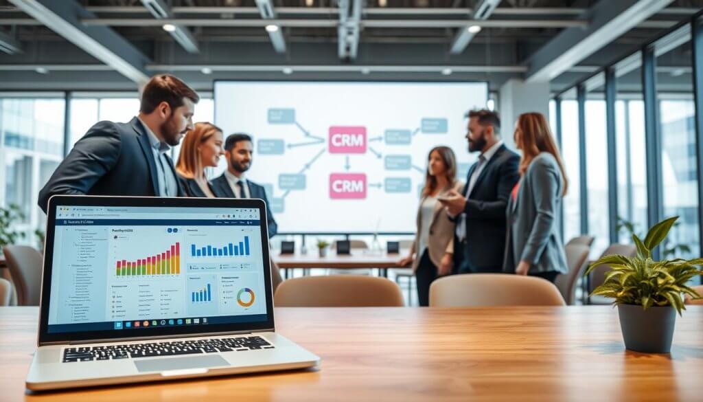A modern workspace showcasing CRM integration tools. In the foreground, a sleek laptop displays an intuitive software interface with colorful graphs and lead tracking features. Surrounding the laptop, diverse professionals in business attire are engaged in discussion, analyzing data and strategizing. In the middle ground, a large digital screen shows a flowchart connecting various CRM functionalities, emphasizing collaboration. The background features a bright, open office with large windows allowing natural light to flood the space, enhancing the upbeat, productive atmosphere. The overall mood is one of focus and teamwork, with a sense of forward-thinking innovation in the franchise lead nurturing process.