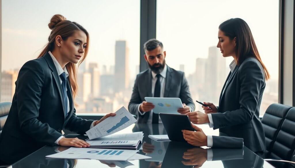 A professional business setting featuring a diverse group of three franchise consultants engaging in a strategic discussion around a sleek conference table. The foreground showcases a focused woman in smart business attire, looking confidently at her colleagues, with charts and graphs organized neatly in front of her. The middle layer includes two professional men, one presenting insights on a tablet, while the other actively listens, taking notes. In the background, large windows reveal a city skyline bathed in soft morning light, creating a bright and optimistic atmosphere. The entire scene conveys a sense of teamwork, professionalism, and strategic thinking, highlighting the importance of quality leads in franchise generation.
