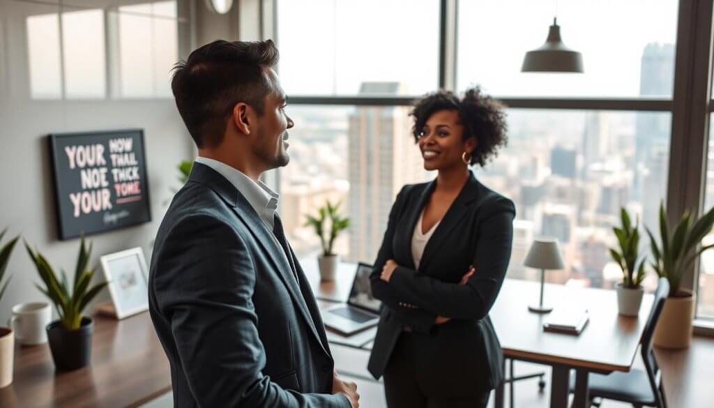 A professional business setting featuring an ideal franchisee avatar. In the foreground, a confident individual in smart business attire, exuding approachability and success; they are engaged in a conversation with an unseen person, showcasing openness and collaboration. In the middle ground, a stylish office interior with a modern desk, plants, and motivational decor, symbolizing growth and ambition. The background reveals large windows with a view of a bustling city, representing opportunity and expansion. Soft, natural lighting filters through the windows, creating an inviting atmosphere. The angle is slightly from above, offering a comprehensive view of the scenario. The mood is inspiring, with a focus on professionalism and potential for business success without any distractions or text.