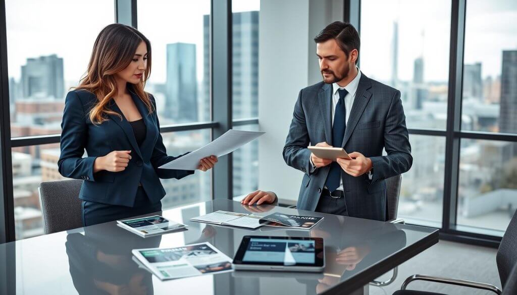 A professional meeting scene featuring two franchise brokers in a modern office setting, deep in discussion about potential business opportunities. In the foreground, a woman in a tailored navy blue business suit, confidently presenting a document, while a man in a matching grey suit listens attentively, jotting down notes. In the middle ground, a sleek conference table with franchise brochures and a digital tablet displaying franchise information. The background reveals large windows with a city skyline, infusing the room with natural light and a sense of success. The overall atmosphere is collaborative and focused, highlighting the importance of relationship-building in franchise brokering. The composition should be shot from a slightly low angle to emphasize the professionals' engagement and the ambiance of a thriving business environment.