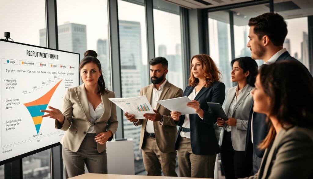 A professional office environment depicting a diverse group of individuals engaged in a strategic recruitment meeting. In the foreground, a confident businesswoman in professional attire is presenting data on an interactive digital screen, showcasing the stages of a recruitment funnel. The middle ground features a group of attentive executives, both men and women, analyzing charts and discussing strategies for converting potential franchise buyers. The background has glass windows with a city skyline, providing natural light that enhances the atmosphere of collaboration and focus. The overall mood is dynamic and purpose-driven, highlighting the importance of mastering the recruitment process in a sleek, modern office. Soft lighting creates a warm yet professional ambiance, emphasizing teamwork and innovation. A professional office environment depicting a diverse group of individuals engaged in a strategic recruitment meeting. In the foreground, a confident businesswoman in professional attire is presenting data on an interactive digital screen, showcasing the stages of a recruitment funnel. The middle ground features a group of attentive executives, both men and women, analyzing charts and discussing strategies for converting potential franchise buyers. The background has glass windows with a city skyline, providing natural light that enhances the atmosphere of collaboration and focus. The overall mood is dynamic and purpose-driven, highlighting the importance of mastering the recruitment process in a sleek, modern office. Soft lighting creates a warm yet professional ambiance, emphasizing teamwork and innovation.
