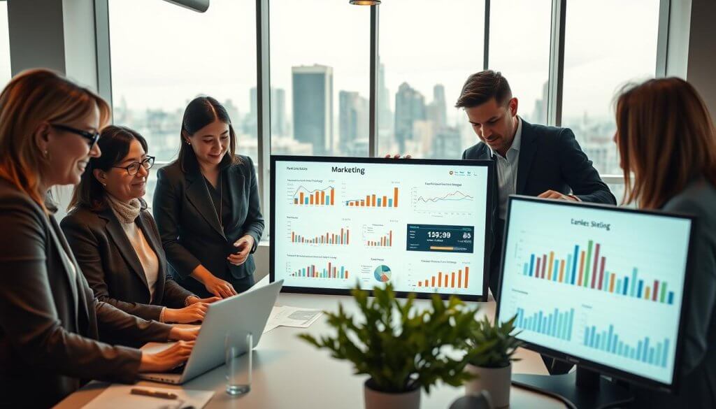 A professional office environment showcasing a team engaged in marketing and sales oversight. In the foreground, a diverse group of four individuals in business attire, including a middle-aged woman with glasses, a young man with a laptop, and two colleagues discussing strategies around a table filled with graphs and charts. In the middle, a large digital screen displays sales data and marketing strategies, illuminated by soft overhead lighting that creates a warm and focused atmosphere. In the background, large windows let in natural light, revealing a city skyline, enhancing a sense of professionalism and ambition. The mood is collaborative and productive, emphasizing teamwork in achieving business goals. The composition focuses on active engagement and strategic planning.