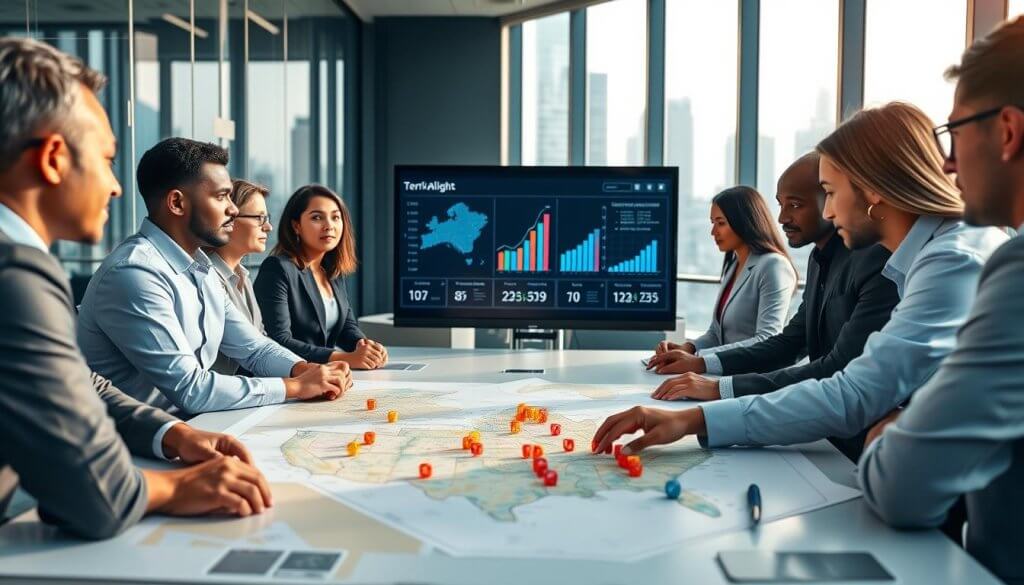 A professional office environment showcasing a team meeting focused on territory alignment. In the foreground, diverse business professionals of various ethnicities, wearing smart business attire, are gathered around a large conference table. They are analyzing a detailed map spread out in front of them, highlighting different territories with color-coded markers. In the middle ground, a large screen displays a digital presentation featuring territorial analytics and market insights. The background features a modern office setting with glass walls and city views, creating an inspiring atmosphere. Soft, natural lighting is streaming through large windows, illuminating the room and highlighting the concentration and collaboration among the participants. The overall mood is focused and strategic, emphasizing teamwork and professionalism.