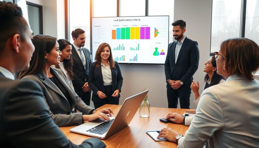 A professional office setting depicting a diverse group of business individuals engaged in a collaborative meeting. In the foreground, a confident woman in a tailored suit presents lead qualification data on a sleek laptop, surrounded by attentive colleagues in smart business attire. In the middle, a large wall-mounted screen displays colorful, clear charts and graphs illustrating candidate evaluation criteria. The background features large windows allowing natural light to flood the room, creating an inviting and dynamic atmosphere. The mood is focused and energetic, emphasizing teamwork and strategic planning. The scene is shot from a slightly elevated angle, showcasing the interaction and engagement among team members, with a warm color palette enhancing a sense of productivity and professionalism.
