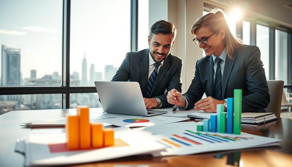 A professional office setting where two business people, a man and a woman, are engaged in a lively discussion over a table filled with financial documents and charts. The foreground showcases graphs illustrating financial growth and profitability in vibrant colors, hinting at advantageous outcomes. In the middle, the two professionals, dressed in smart business attire, are focused on a laptop, which displays a pie chart and bar graphs. The background includes large windows with natural light flooding in, showing a city skyline that symbolizes opportunities. The overall mood is optimistic and collaborative, conveying the benefits of direct management in a franchise context. Soft shadows enhance the professional ambiance, creating a warm and inviting atmosphere.