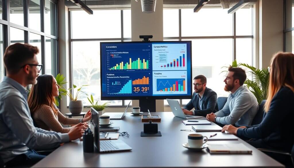 A professional office setting with a diverse group of four businesspeople engaged in a meeting, analyzing conversion metrics on a large digital screen at the forefront. The screen displays various colorful graphs and charts, highlighting key performance indicators. In the middle ground, a sleek conference table is cluttered with laptops, notepads, and coffee cups. The background features modern office decor, large windows allowing natural light to flood the room, and green plants adding a touch of freshness. The mood is focused and collaborative, conveying a sense of urgency and importance. The scene is captured with a slight wide-angle lens to emphasize the teamwork aspect and create depth, with soft, warm lighting enhancing the professional atmosphere.