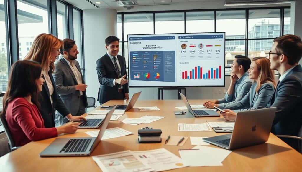 A professional setting featuring a diverse group of business people collaborating around a large table, analyzing a franchise operations dashboard displayed on a screen. In the foreground, a woman in a suit points at compliance metrics, while a man in a business casual outfit takes notes. In the middle, various open laptops and documents with brand guidelines are scattered across the table, indicating a focus on brand compliance. The background shows a modern office with large windows allowing natural light to flood in, enhancing the atmosphere of professionalism and teamwork. The scene conveys a sense of urgency and commitment to maintaining brand integrity across multiple locations, with soft, warm lighting to create an inviting environment. Camera angle is slightly elevated to capture the dynamics of the group effectively.