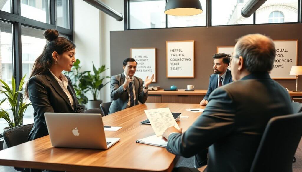 A professional setting for an initial qualification call, showcasing a diverse group of individuals engaged in a discussion around a conference table. In the foreground, a businesswoman in a tailored suit is actively listening, taking notes, with a laptop open in front of her. In the middle of the scene, a businessman gestures as he explains concepts, dressed in a smart casual outfit, while two other individuals—one man and one woman—attend intently, both in professional attire. The background features a modern office with large windows letting in natural light, plants, and framed motivational quotes. The atmosphere is collaborative and focused, generating a sense of professionalism and opportunity, captured from a slightly elevated angle for a dynamic perspective. Bright, warm lighting creates an inviting and motivating environment. A professional setting for an initial qualification call, showcasing a diverse group of individuals engaged in a discussion around a conference table. In the foreground, a businesswoman in a tailored suit is actively listening, taking notes, with a laptop open in front of her. In the middle of the scene, a businessman gestures as he explains concepts, dressed in a smart casual outfit, while two other individuals—one man and one woman—attend intently, both in professional attire. The background features a modern office with large windows letting in natural light, plants, and framed motivational quotes. The atmosphere is collaborative and focused, generating a sense of professionalism and opportunity, captured from a slightly elevated angle for a dynamic perspective. Bright, warm lighting creates an inviting and motivating environment.