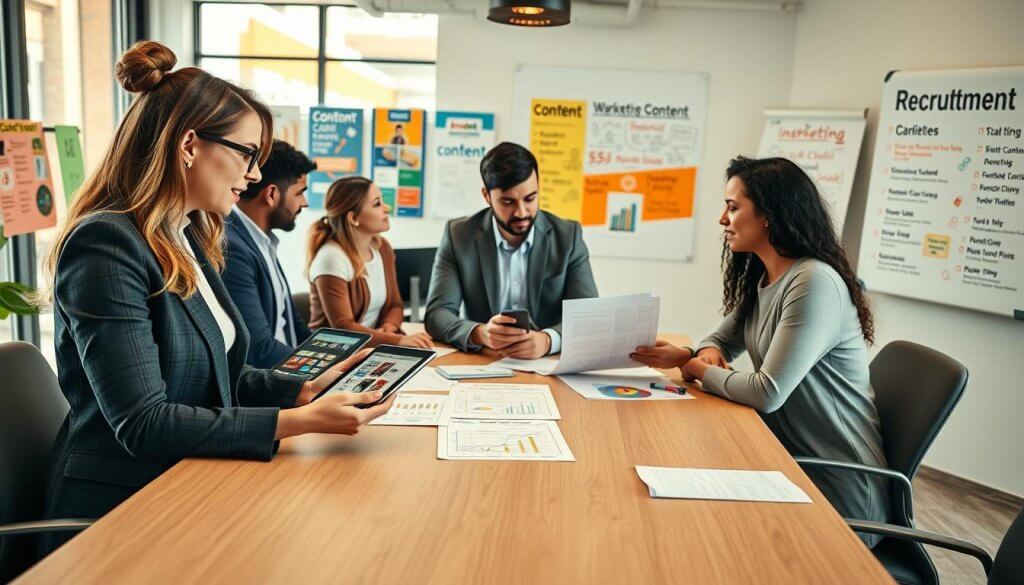 A professional setting showing a diverse group of individuals engaged in a collaborative brainstorming session around a modern conference table. In the foreground, a woman in business attire is passionately explaining ideas, holding a tablet displaying visuals of creative content strategies. In the middle, a man, also in business attire, is taking notes while analyzing a document with marketing graphs. The background features a bright, open office space with large windows letting in natural light, colorful posters showcasing various content types, and a whiteboard filled with sketches and keywords related to recruitment. The overall mood is energetic and innovative, with a focus on teamwork and strategic content creation, emphasizing the importance of attracting qualified candidates.
