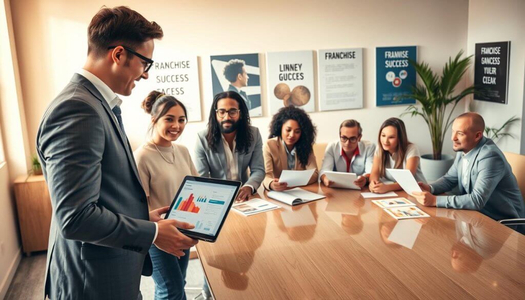 A serene and inviting office environment where a business professional, dressed in business attire, is attentively guiding diverse prospective franchisees through the sales journey. In the foreground, the professional is engaged in a friendly discussion with a young couple, showcasing a laptop with charts and graphs related to franchise opportunities. In the middle ground, a diverse group of potential franchisees is seated at a polished conference table, reviewing materials and taking notes, their expressions filled with curiosity and hope. The background features a bright, warmly lit room with motivational franchise success posters and plants that add a welcoming ambiance. The lighting is soft and natural, creating a calm atmosphere that encourages connection and trust. Capture this moment at a slight angle to emphasize the interaction and engagement in the scene. A serene and inviting office environment where a business professional, dressed in business attire, is attentively guiding diverse prospective franchisees through the sales journey. In the foreground, the professional is engaged in a friendly discussion with a young couple, showcasing a laptop with charts and graphs related to franchise opportunities. In the middle ground, a diverse group of potential franchisees is seated at a polished conference table, reviewing materials and taking notes, their expressions filled with curiosity and hope. The background features a bright, warmly lit room with motivational franchise success posters and plants that add a welcoming ambiance. The lighting is soft and natural, creating a calm atmosphere that encourages connection and trust. Capture this moment at a slight angle to emphasize the interaction and engagement in the scene.