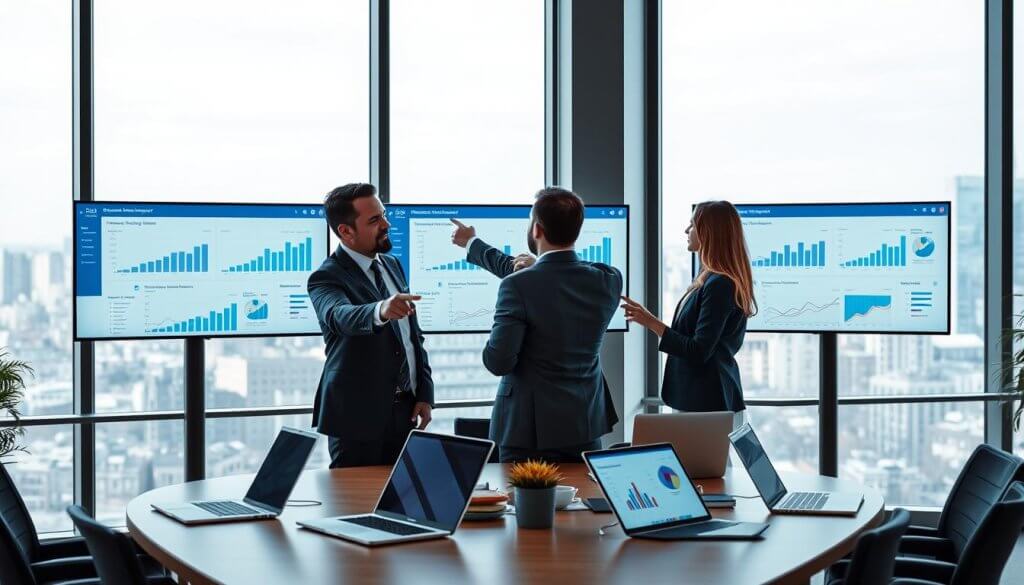 A sleek and modern office setting showcasing franchise management software on three large computer screens. In the foreground, a diverse group of three professionals—two men and one woman—wearing formal business attire, are engaged in a collaborative discussion, pointing at the screens. The middle ground features a stylish conference table with laptops, tablets, and digital devices displaying graphs and analytics dashboards related to franchise performance metrics. In the background, large windows let in soft natural light, showcasing a cityscape. The atmosphere is focused and productive, emphasizing teamwork in a contemporary corporate environment. Capture the scene from a slightly elevated angle to provide a comprehensive view of the engagement.