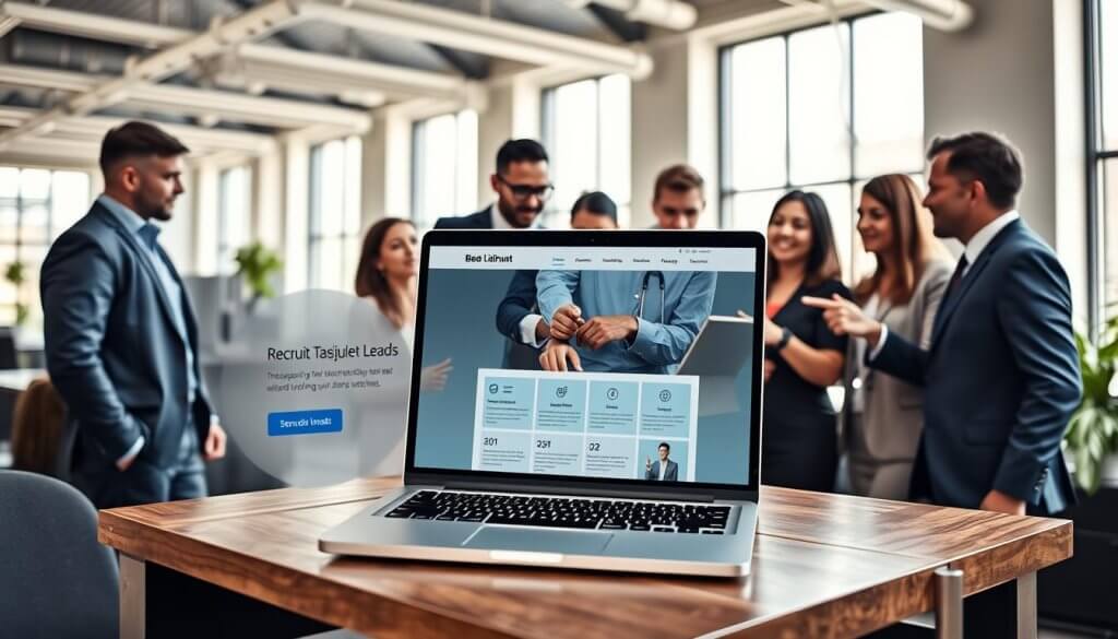 A sleek and modern recruitment website interface displayed on a laptop screen, set on a stylish wooden desk. The laptop screen shows a visually appealing homepage with sections for job listings, testimonials, and a search bar, all designed with a clean and professional aesthetic. In the foreground, a diverse group of professionals in smart business attire gather around the laptop, discussing the website and pointing at the screen, conveying collaboration and enthusiasm. The background features a bright, airy office space with large windows allowing natural light to flood in, promoting an inviting and engaging atmosphere. The overall mood is serious yet optimistic, emphasizing the effectiveness of a well-designed recruitment site in attracting qualified leads.