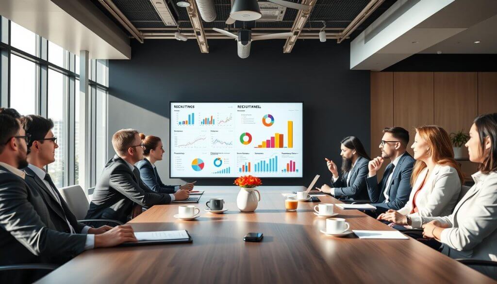 A sleek modern office space serves as the setting, with a large conference table in the foreground. Diverse professionals are engaged in an animated discussion, dressed in smart business attire. A large digital screen displays colorful charts and graphs depicting various recruitment channels. In the middle ground, notepads, laptops, and cups of coffee add to the environment of collaboration and strategy. The background features large windows with natural light pouring in, creating an open and inviting atmosphere. The mood is focused and purposeful, emphasizing teamwork and analysis. Soft shadows from the overhead lights enhance the professionalism of the scene, while a slightly shallow depth of field draws attention to the engaged individuals.