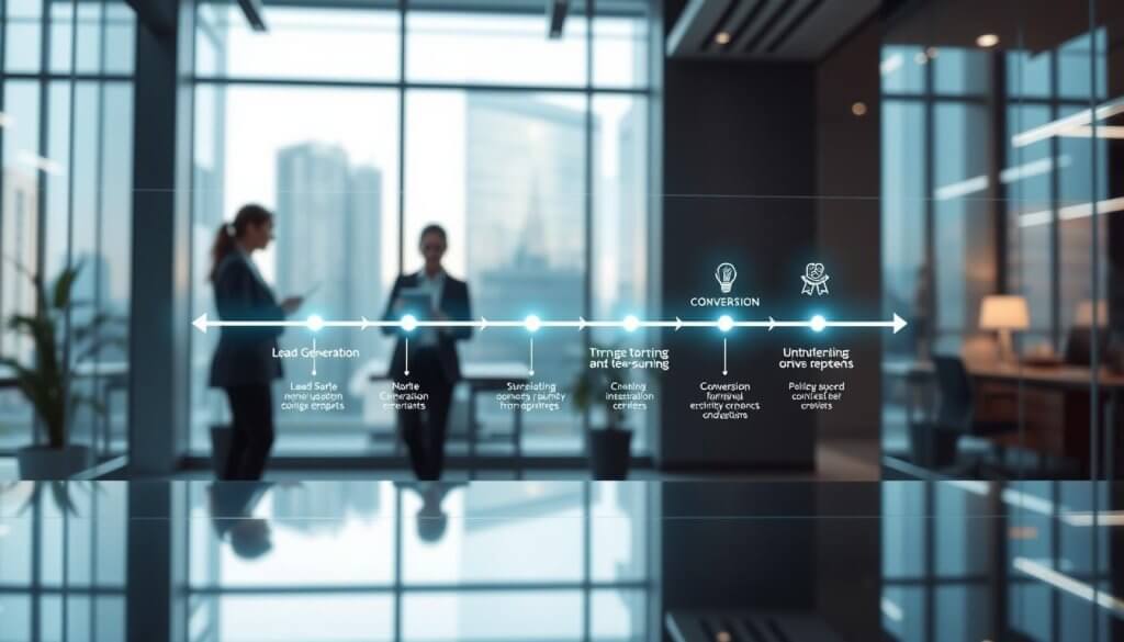 A visually engaging lead pipeline concept, featuring a sleek, modern office environment as the background. In the foreground, a translucent, illuminated lead pipeline diagram flows across a polished glass surface, showcasing key stages like "Lead Generation," "Nurturing," and "Conversion." The middle area includes professional business people in smart attire, analyzing data on digital devices, fostering a sense of teamwork and collaboration. Soft, ambient lighting creates a professional yet inviting atmosphere, emphasizing clarity and focus. A wide-angle perspective captures the depth of the office space, with large windows allowing natural light to flood in, blending innovation and functionality in a harmonious scene.