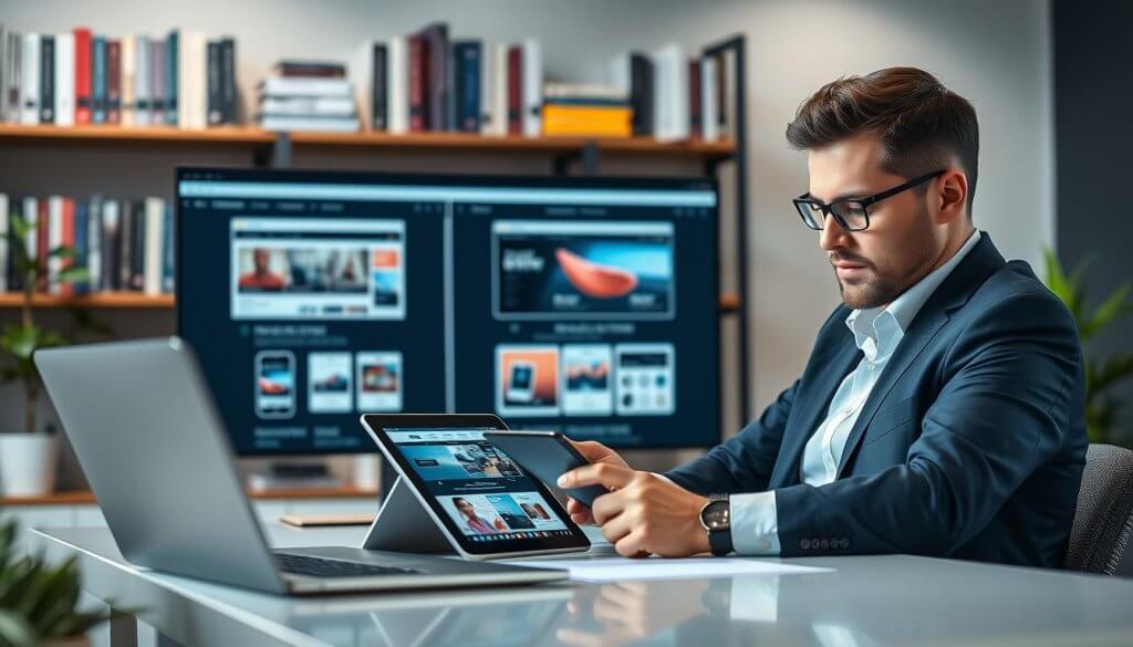 A visually engaging scene depicting a "mobile responsiveness audit" for a franchise recruitment website. In the foreground, a professional analyst, dressed in business attire, is sitting at a modern desk, intently reviewing a tablet displaying responsive website designs. The middle ground features a large laptop screen with split designs of mobile views and desktop layouts, showcasing contrasting elements for clarity. In the background, blurred shelves filled with digital marketing books and a plant add a touch of warmth and professionalism. The lighting is bright and focused, creating an inviting atmosphere. The angle captures the analyst’s concentrated expression, emphasizing the importance of thorough website audits in a business context.