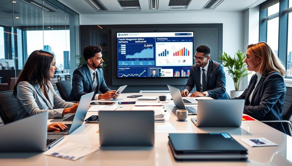 An office setting featuring a diverse group of three professionals engaged in a collaborative discussion about franchise management software. In the foreground, a well-lit modern conference table is cluttered with laptops, tablets, and financial reports. The middle ground showcases a large digital screen displaying analytics and data visuals related to franchise operations. The background includes sleek office decor, such as a city skyline visible through a window, with greenery for a touch of calm. The lighting is bright and focused, creating a productive atmosphere. The professionals are dressed in smart business attire, exuding a sense of professionalism and teamwork. The mood is inspiring and dynamic, emphasizing innovation and communication in a corporate setting.