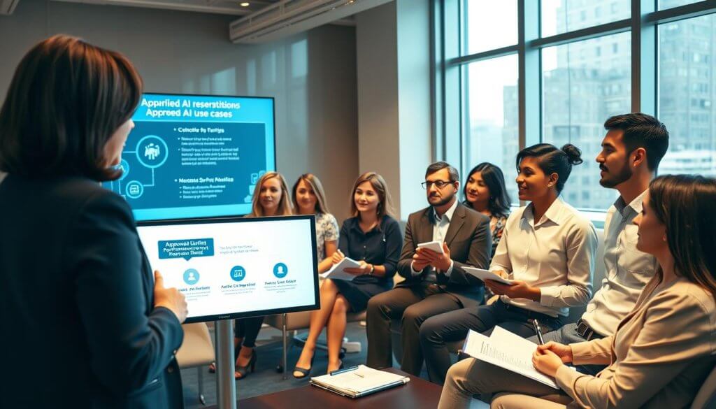In a modern training room, a diverse group of franchisees engaged in a professional workshop setting. Foreground features a middle-aged woman in business attire presenting on a digital screen, illustrating approved AI use cases. Middle ground includes attentive participants, a mix of genders and ethnicities, all dressed in smart casual or professional business attire, taking notes and interacting. Background showcases large windows allowing natural light to flood the room, with contemporary furniture and training materials like charts and manuals visible. The atmosphere is focused and collaborative, emphasizing learning and knowledge sharing. The image uses soft, warm lighting to create an inviting environment, captured from a slightly elevated angle to provide a comprehensive view of the group dynamics.